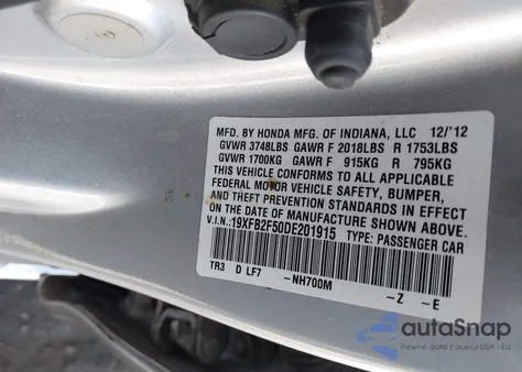 2013 Honda Civic Lx from USA, damaged, VIN 19XFB2F50DE201915